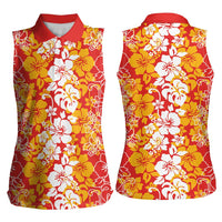 Hawaiian Lei Day Women Sleeveless Polo Shirt Red Hibiscus Flowers Lei Art LT9 - Polynesian Pride