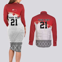 Ikale Tahi Pacific Tonga Rugby Custom Couples Matching Long Sleeve Bodycon Dress and Long Sleeve Button Shirt Tongan Ngatu with Flag Pattern