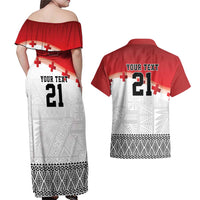 Ikale Tahi Pacific Tonga Rugby Custom Couples Matching Off Shoulder Maxi Dress and Hawaiian Shirt Tongan Ngatu with Flag Pattern LT9 - Polynesian Pride
