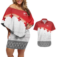 Ikale Tahi Pacific Tonga Rugby Custom Couples Matching Off Shoulder Short Dress and Hawaiian Shirt Tongan Ngatu with Flag Pattern LT9 Red - Polynesian Pride