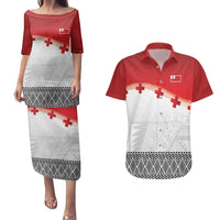 Ikale Tahi Pacific Tonga Rugby Custom Couples Matching Puletasi and Hawaiian Shirt Tongan Ngatu with Flag Pattern