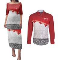 Ikale Tahi Pacific Tonga Rugby Custom Couples Matching Puletasi and Long Sleeve Button Shirt Tongan Ngatu with Flag Pattern