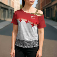 Ikale Tahi Pacific Tonga Rugby Custom Cross Shoulder Shirt Tongan Ngatu with Flag Pattern - Polynesian Pride