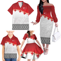 Ikale Tahi Pacific Tonga Rugby Custom Family Matching Off The Shoulder Long Sleeve Dress and Hawaiian Shirt Tongan Ngatu with Flag Pattern