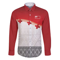 Ikale Tahi Pacific Tonga Rugby Custom Family Matching Off Shoulder Short Dress and Hawaiian Shirt Tongan Ngatu with Flag Pattern LT9 Dad's Shirt - Long Sleeve Red - Polynesian Pride