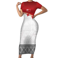 Ikale Tahi Pacific Tonga Rugby Custom Family Matching Short Sleeve Bodycon Dress and Hawaiian Shirt Tongan Ngatu with Flag Pattern