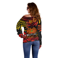 PNG Remembrance Day Off Shoulder Sweater Polynesian Tribal and Poppy LT9 - Polynesian Pride