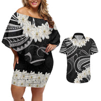 White Sunday Tokelau Gardenia Thunbergia Couples Matching Off Shoulder Short Dress and Hawaiian Shirt Fakamalo Atu Kia Te Koutou Uma LT9 Black - Polynesian Pride