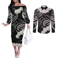 White Sunday Tokelau Gardenia Thunbergia Couples Matching Off The Shoulder Long Sleeve Dress and Long Sleeve Button Shirt Fakamalo Atu Kia Te Koutou Uma LT9 Black - Polynesian Pride