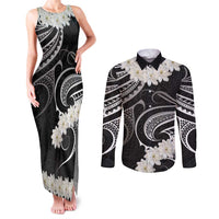 White Sunday Tokelau Gardenia Thunbergia Couples Matching Tank Maxi Dress and Long Sleeve Button Shirt Fakamalo Atu Kia Te Koutou Uma LT9 Black - Polynesian Pride
