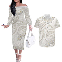 Tokelau Gardenia Thunbergia Couples Matching Off The Shoulder Long Sleeve Dress and Hawaiian Shirt Polynesian Art Vibe LT9 White - Polynesian Pride