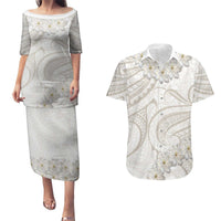 Tokelau Gardenia Thunbergia Couples Matching Puletasi and Hawaiian Shirt Polynesian Art Vibe LT9 White - Polynesian Pride
