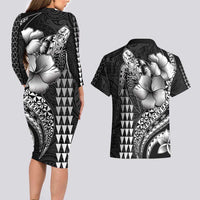 Hawaiian Sea Turtle Couples Matching Long Sleeve Bodycon Dress and Hawaiian Shirt Black Hibiscus Flowers and Kakau Pattern LT9 - Polynesian Pride