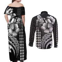 Hawaiian Sea Turtle Couples Matching Off Shoulder Maxi Dress and Long Sleeve Button Shirt Black Hibiscus Flowers and Kakau Pattern LT9 - Polynesian Pride