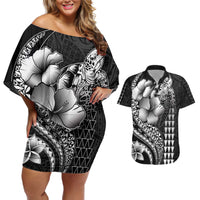 Hawaiian Sea Turtle Couples Matching Off Shoulder Short Dress and Hawaiian Shirt Black Hibiscus Flowers and Kakau Pattern LT9 Black - Polynesian Pride