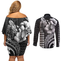 Hawaiian Sea Turtle Couples Matching Off Shoulder Short Dress and Long Sleeve Button Shirt Black Hibiscus Flowers and Kakau Pattern LT9 - Polynesian Pride