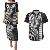 Hawaiian Sea Turtle Couples Matching Puletasi and Hawaiian Shirt Black Hibiscus Flowers and Kakau Pattern LT9 Black - Polynesian Pride