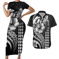 Hawaiian Sea Turtle Couples Matching Short Sleeve Bodycon Dress and Hawaiian Shirt Black Hibiscus Flowers and Kakau Pattern LT9 Black - Polynesian Pride
