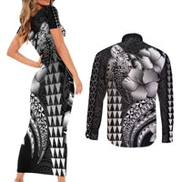 Hawaiian Sea Turtle Couples Matching Short Sleeve Bodycon Dress and Long Sleeve Button Shirt Black Hibiscus Flowers and Kakau Pattern LT9 - Polynesian Pride
