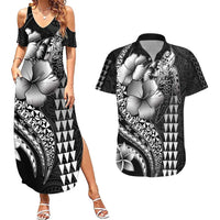 Hawaiian Sea Turtle Couples Matching Summer Maxi Dress and Hawaiian Shirt Black Hibiscus Flowers and Kakau Pattern LT9 Black - Polynesian Pride