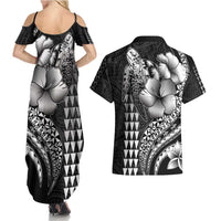 Hawaiian Sea Turtle Couples Matching Summer Maxi Dress and Hawaiian Shirt Black Hibiscus Flowers and Kakau Pattern LT9 - Polynesian Pride