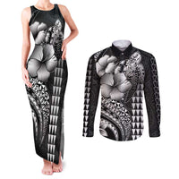 Hawaiian Sea Turtle Couples Matching Tank Maxi Dress and Long Sleeve Button Shirt Black Hibiscus Flowers and Kakau Pattern LT9 Black - Polynesian Pride