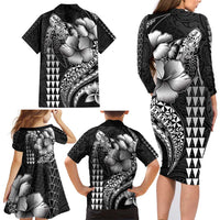 Hawaiian Sea Turtle Family Matching Long Sleeve Bodycon Dress and Hawaiian Shirt Black Hibiscus Flowers and Kakau Pattern LT9 - Polynesian Pride