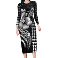 Hawaiian Sea Turtle Family Matching Long Sleeve Bodycon Dress and Hawaiian Shirt Black Hibiscus Flowers and Kakau Pattern LT9 Mom's Dress Black - Polynesian Pride