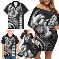 Hawaiian Sea Turtle Family Matching Off Shoulder Short Dress and Hawaiian Shirt Black Hibiscus Flowers and Kakau Pattern LT9 - Polynesian Pride
