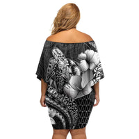 Hawaiian Sea Turtle Family Matching Off Shoulder Short Dress and Hawaiian Shirt Black Hibiscus Flowers and Kakau Pattern LT9 - Polynesian Pride
