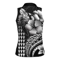 Hawaiian Sea Turtle Women Sleeveless Polo Shirt Black Hibiscus Flowers and Kakau Pattern LT9 - Polynesian Pride