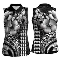 Hawaiian Sea Turtle Women Sleeveless Polo Shirt Black Hibiscus Flowers and Kakau Pattern LT9 - Polynesian Pride