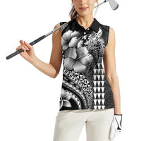 Hawaiian Sea Turtle Women Sleeveless Polo Shirt Black Hibiscus Flowers and Kakau Pattern LT9 - Polynesian Pride
