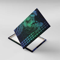 Hawaiian Sea Turtle Canvas Wall Art Blue Hibiscus Flowers and Kakau Pattern