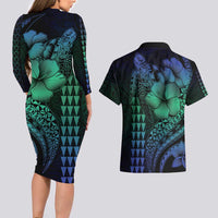 Hawaiian Sea Turtle Couples Matching Long Sleeve Bodycon Dress and Hawaiian Shirt Blue Hibiscus Flowers and Kakau Pattern LT9 - Polynesian Pride