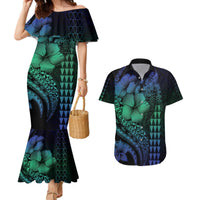 Hawaiian Sea Turtle Couples Matching Mermaid Dress and Hawaiian Shirt Blue Hibiscus Flowers and Kakau Pattern LT9 Blue - Polynesian Pride