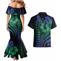 Hawaiian Sea Turtle Couples Matching Mermaid Dress and Hawaiian Shirt Blue Hibiscus Flowers and Kakau Pattern LT9 - Polynesian Pride