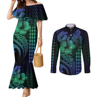 Hawaiian Sea Turtle Couples Matching Mermaid Dress and Long Sleeve Button Shirt Blue Hibiscus Flowers and Kakau Pattern LT9 Blue - Polynesian Pride