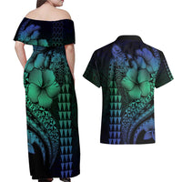 Hawaiian Sea Turtle Couples Matching Off Shoulder Maxi Dress and Hawaiian Shirt Blue Hibiscus Flowers and Kakau Pattern LT9 - Polynesian Pride