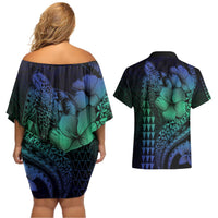 Hawaiian Sea Turtle Couples Matching Off Shoulder Short Dress and Hawaiian Shirt Blue Hibiscus Flowers and Kakau Pattern LT9 - Polynesian Pride