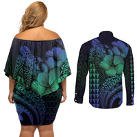 Hawaiian Sea Turtle Couples Matching Off Shoulder Short Dress and Long Sleeve Button Shirt Blue Hibiscus Flowers and Kakau Pattern LT9 - Polynesian Pride