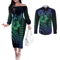 Hawaiian Sea Turtle Couples Matching Off The Shoulder Long Sleeve Dress and Long Sleeve Button Shirt Blue Hibiscus Flowers and Kakau Pattern LT9 Blue - Polynesian Pride