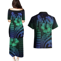 Hawaiian Sea Turtle Couples Matching Puletasi and Hawaiian Shirt Blue Hibiscus Flowers and Kakau Pattern LT9 - Polynesian Pride