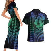 Hawaiian Sea Turtle Couples Matching Short Sleeve Bodycon Dress and Hawaiian Shirt Blue Hibiscus Flowers and Kakau Pattern LT9 - Polynesian Pride