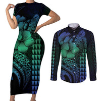 Hawaiian Sea Turtle Couples Matching Short Sleeve Bodycon Dress and Long Sleeve Button Shirt Blue Hibiscus Flowers and Kakau Pattern LT9 Blue - Polynesian Pride
