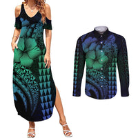 Hawaiian Sea Turtle Couples Matching Summer Maxi Dress and Long Sleeve Button Shirt Blue Hibiscus Flowers and Kakau Pattern LT9 Blue - Polynesian Pride