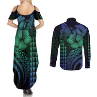 Hawaiian Sea Turtle Couples Matching Summer Maxi Dress and Long Sleeve Button Shirt Blue Hibiscus Flowers and Kakau Pattern LT9 - Polynesian Pride