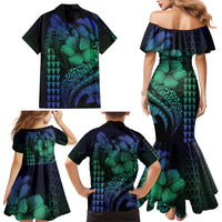 Hawaiian Sea Turtle Family Matching Mermaid Dress and Hawaiian Shirt Blue Hibiscus Flowers and Kakau Pattern LT9 - Polynesian Pride