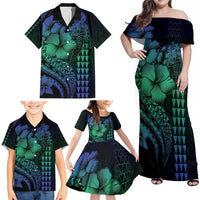 Hawaiian Sea Turtle Family Matching Off Shoulder Maxi Dress and Hawaiian Shirt Blue Hibiscus Flowers and Kakau Pattern LT9 - Polynesian Pride