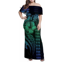 Hawaiian Sea Turtle Family Matching Off Shoulder Maxi Dress and Hawaiian Shirt Blue Hibiscus Flowers and Kakau Pattern LT9 Mom's Dress Blue - Polynesian Pride